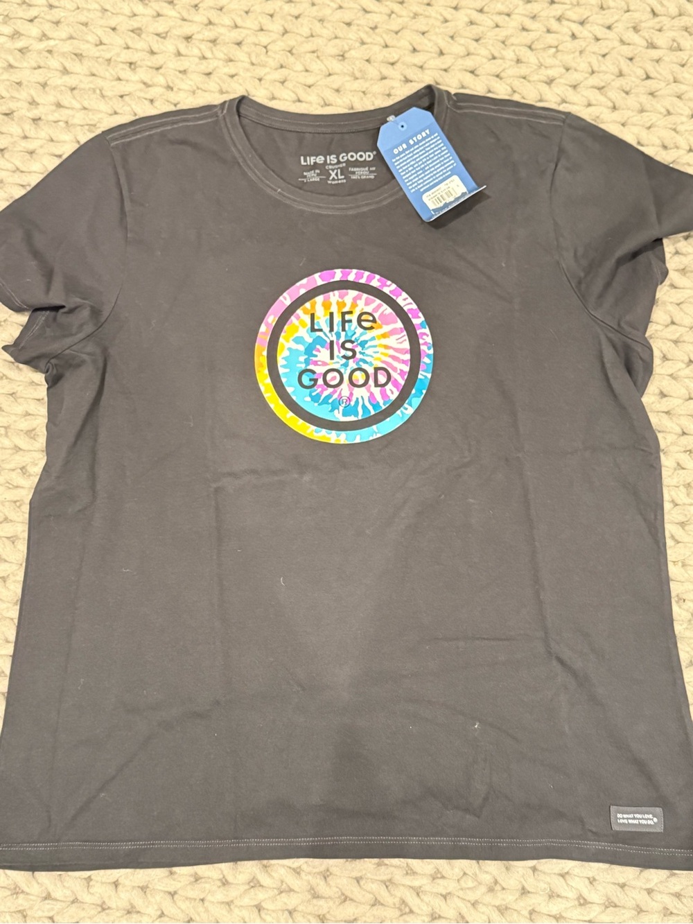 Life Is Good Black Tee with Multicolor Tie-Dye Logo